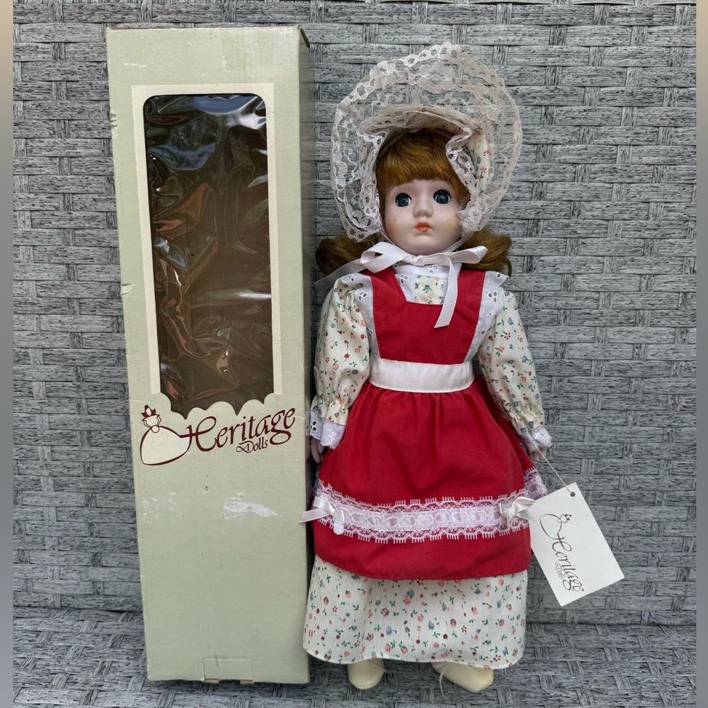 Heritage Doll Collector’s Doll Porcelain Music Box Red Floral Dress With Apron